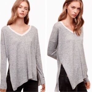 Aritzia Wilfred V-neck Side Slit Contrast Collar Lightweight Sweater S Grey